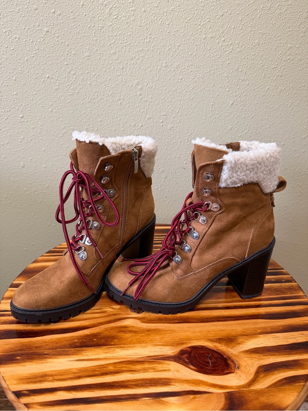 Nine West Tan Suede Shearling-Trim Block Heel Ankle Boots